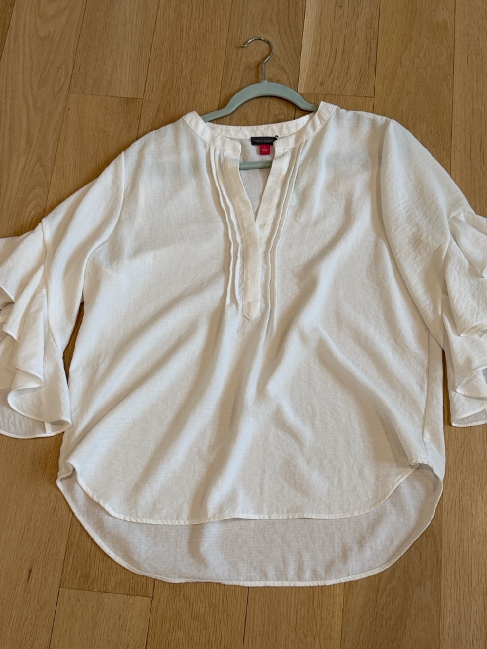 Vince Camuto White Ruffle Trim Split-Neck Tunic